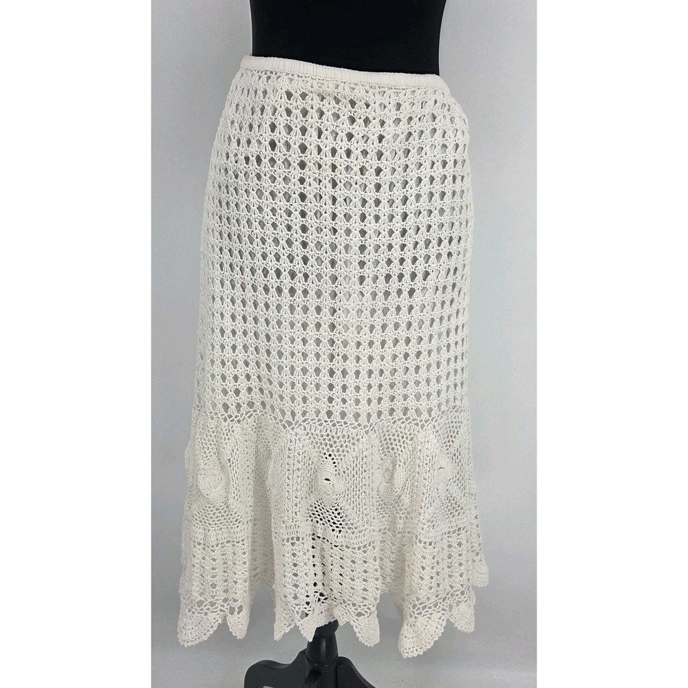 Lola P. White Crochet Skirt Large Boho Cottagecore Festival Midi Romantic Beach‎